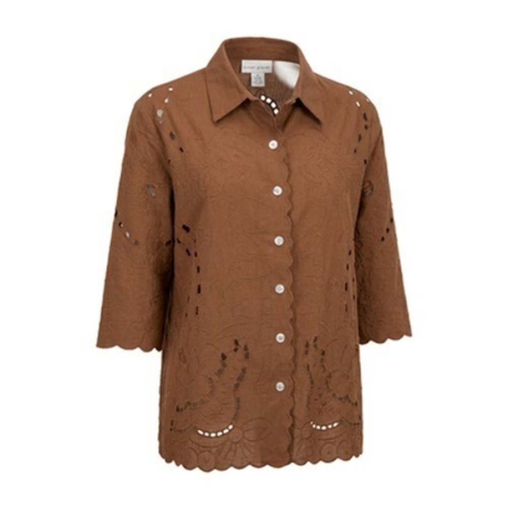 Susan Graver Women XL Brown Linen Floral Eyelet Embroidered Tunic Top 3/4 Sleeve